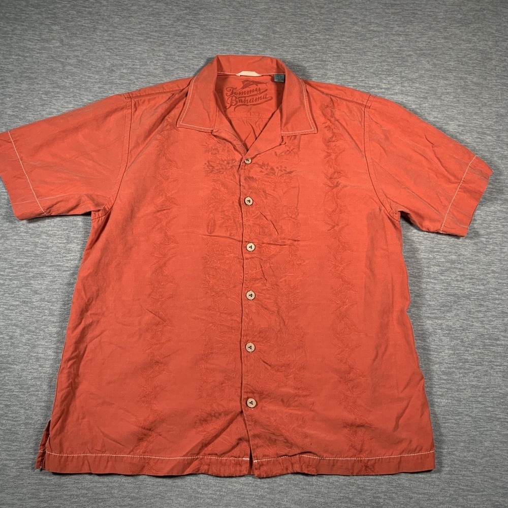 Tommy‎ Bahama Shirt Mens Large Orange Silk Cotton Embroidered Camp Hawaiian